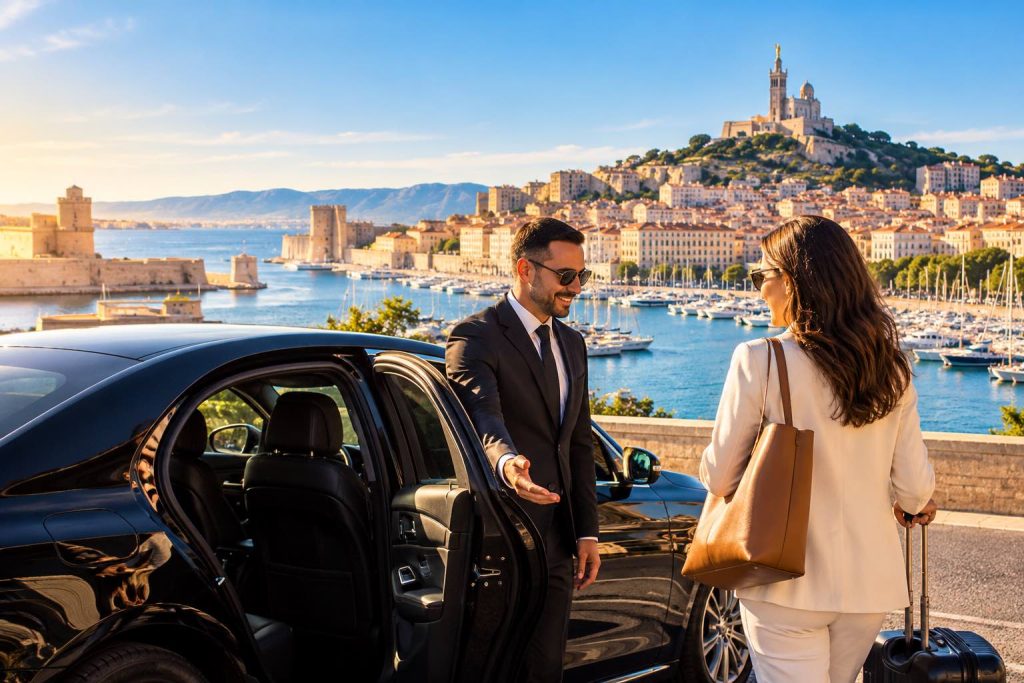 Chauffeur privé ou taxi à Marseille : chauffeur VTC accueillant une cliente devant le Vieux-Port