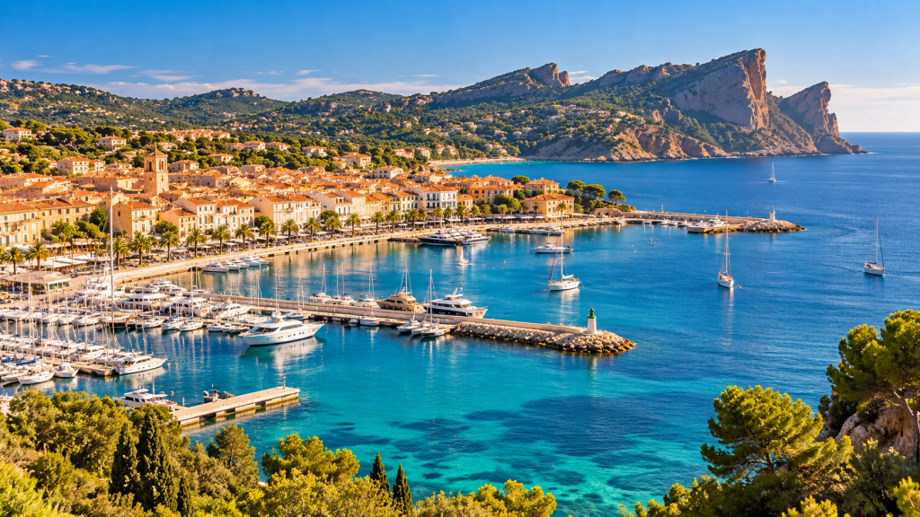 Vue panoramique du Vieux-Port de La Ciotat et de la Méditerranée avec ses bateaux et ses falaises
