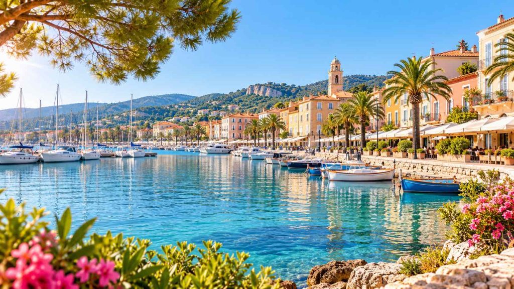Illustration du port de Bandol avec ses bateaux, ses palmiers et ses façades provençales – VTC Marseille Bandol.