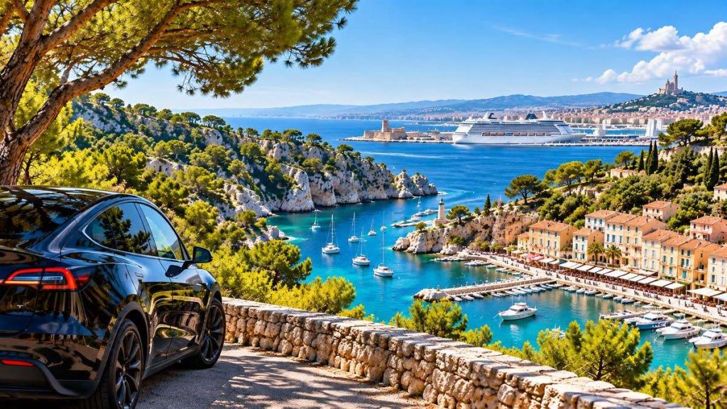 Tesla Model Y noire avec un bateau de croisière et les paysages méditerranéens – Excursion privée VTC Marseille