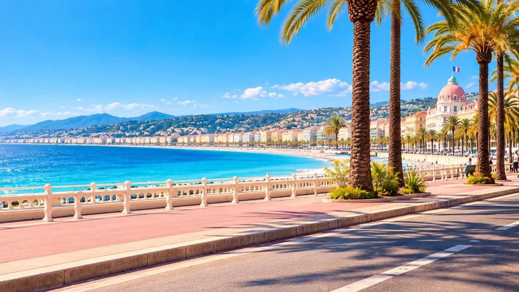 Promenade des Anglais à Nice avec vue sur la baie des Anges, la mer Méditerranée et les palmiers
