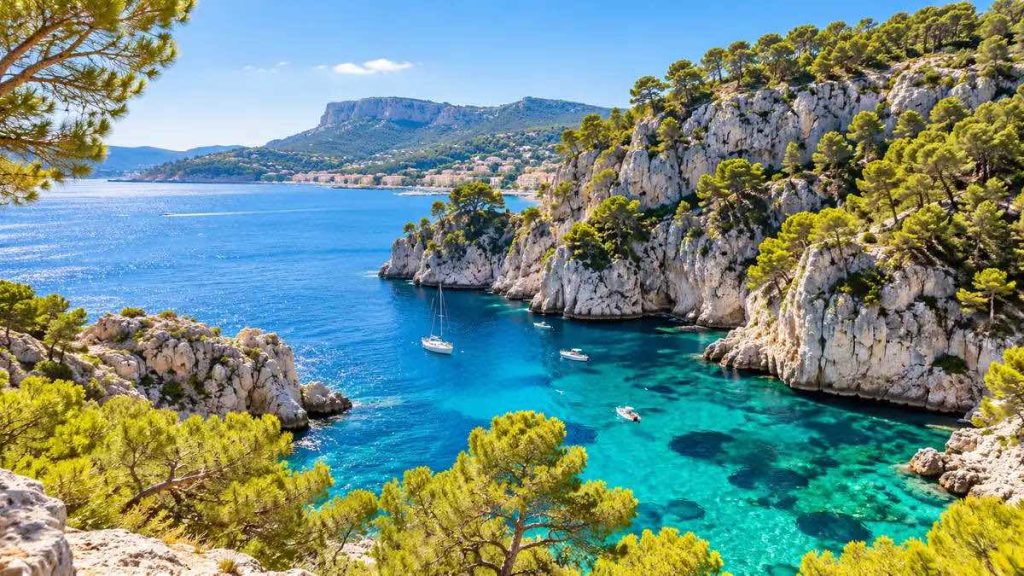 Illustration de calanques méditerranéennes aux eaux turquoise et falaises calcaires