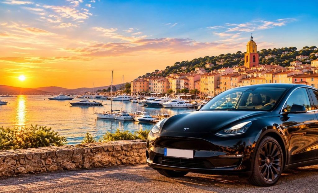 VTC Marseille – Saint-Tropez en Tesla Model Y noire devant le port de Saint-Tropez au coucher du soleil
