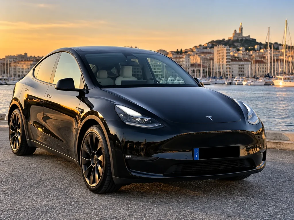 Chauffeur VTC pour conciergeries à Marseille avec Tesla Model Y noire, transferts privés haut de gamme pour hôtels et partenaires internationaux.