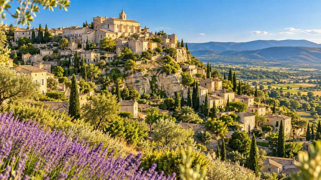 Vue panoramique du village perché de Gordes dans le Luberon, avec ses maisons en pierre, ses oliviers et ses champs de lavande