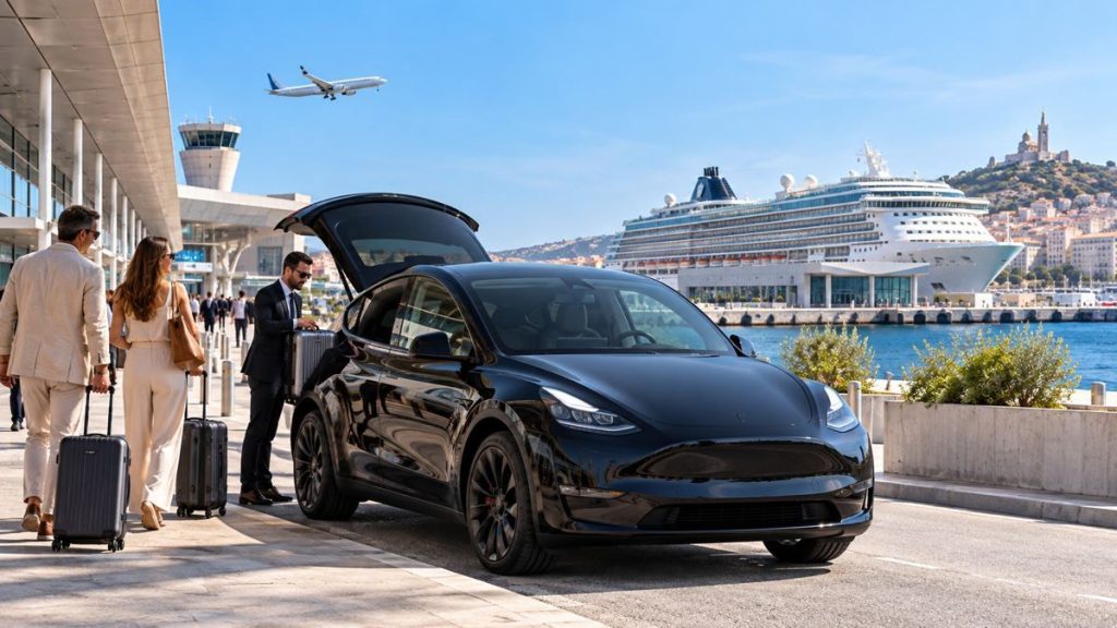 Tesla Model Y noire pour un transfert VTC entre l'aéroport Marseille-Provence et le port de croisière de Marseille
