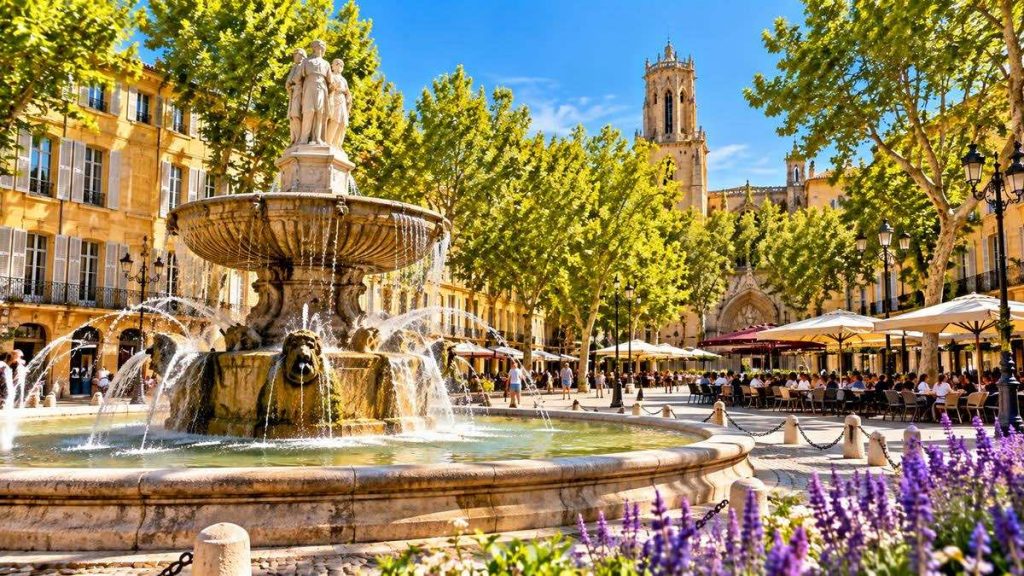 Illustration d'Aix-en-Provence avec une fontaine provençale, des platanes et des terrasses de café