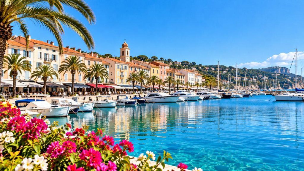 Vue du port de Bandol avec ses bateaux, ses palmiers et la mer Méditerranée