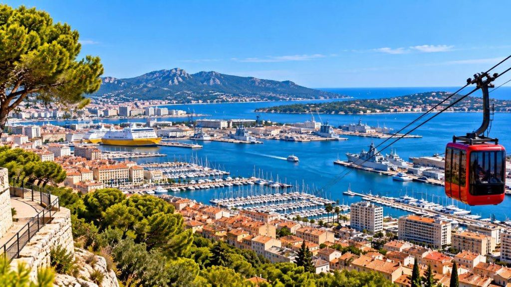 Vue panoramique de Toulon depuis le mont Faron, avec sa rade, son port et son téléphérique